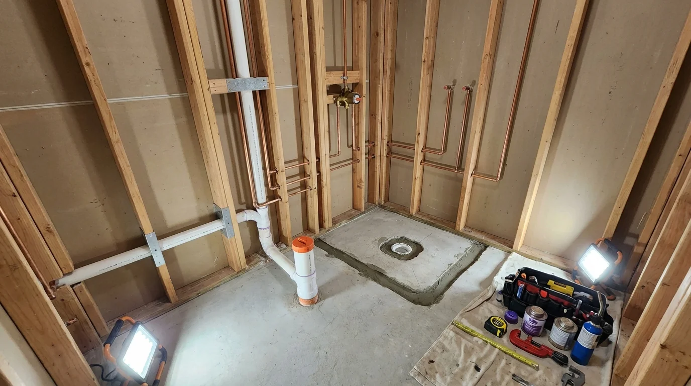 Bathroom rough-in plumbing during remodel by Johns Plumbing LLC in Orwigsburg