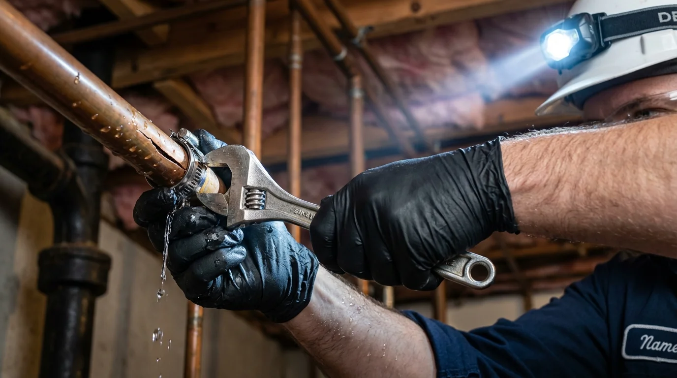Emergency pipe clamp repair being performed by a Johns Plumbing LLC plumber in Orwigsburg