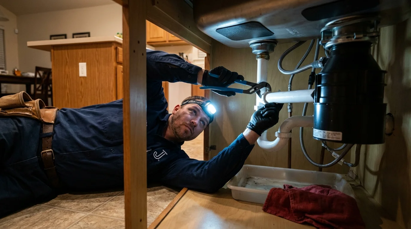 P-trap and supply line connections under a kitchen sink showing a common leak point in Orwigsburg, PA